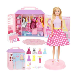 Domček s oblečením a doplnkami + bábika na stojane
