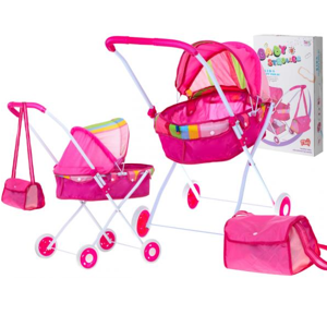 Hlboký ružový kočík pre bábiky s taškou