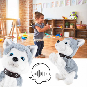 Interaktívny plyšový pes Husky ovládaný hlasom - akcia: reaguje na potlesk, pisk alebo hlasné slovo